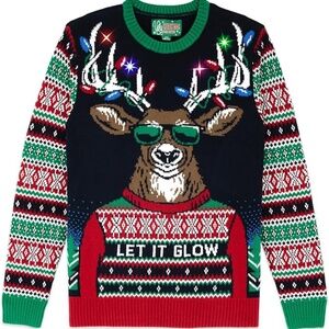 Ugly Christmas Holiday Sweater Let It Glow Reindeer Red Green Adult Size XL